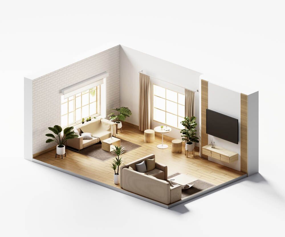Isometric,View,Living,Room,Muji,Style,Open,Inside,Interior,Architecture Isometric view living room muji style open inside interior architecture 3d rendering digital art